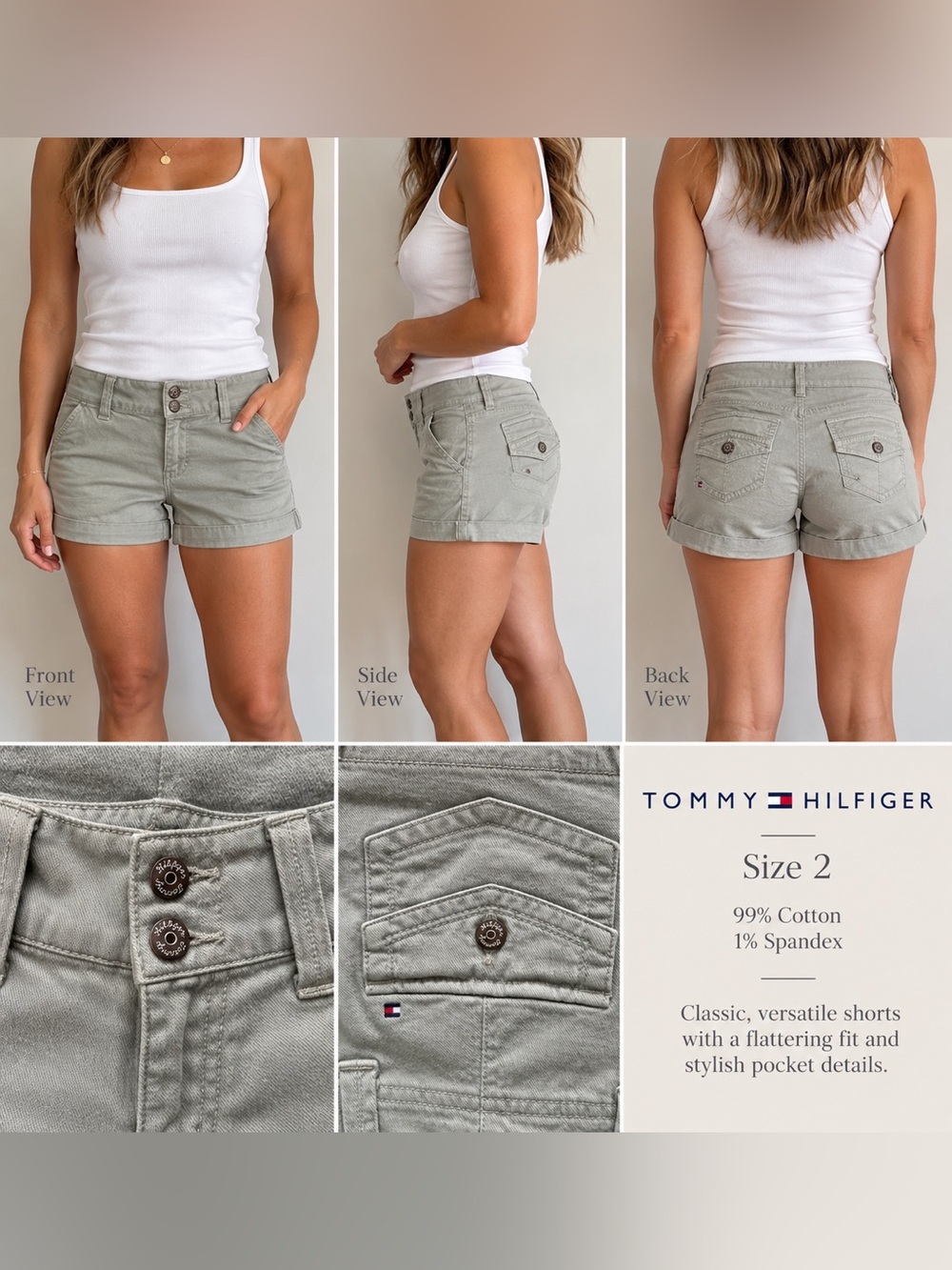 Tommy Hilfiger Utility Shorts Size 2 – Sage/Grey – Vintage/Y2K